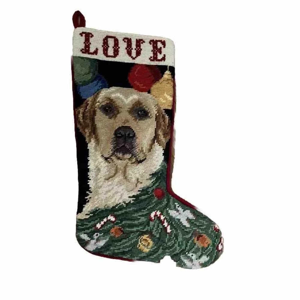 Wool Needlepoint Christmas Stocking Labrador Dog Love